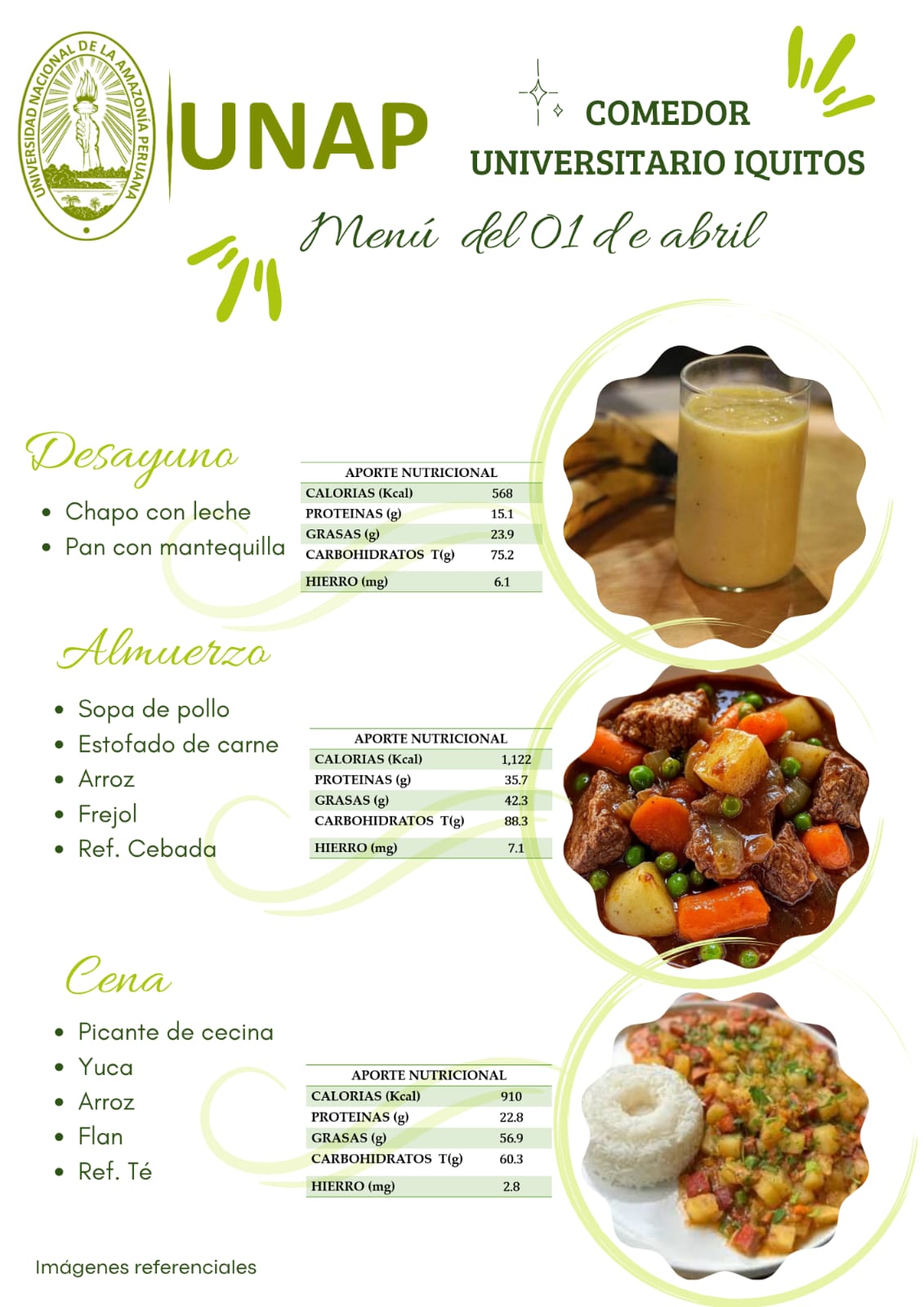 Menú del comedor universitario sede Iquitos del 30 de marzo