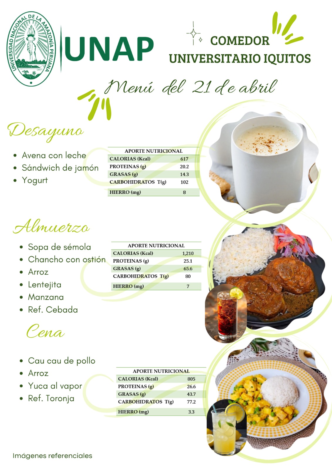 Menú del comedor universitario sede Iquitos del 30 de marzo