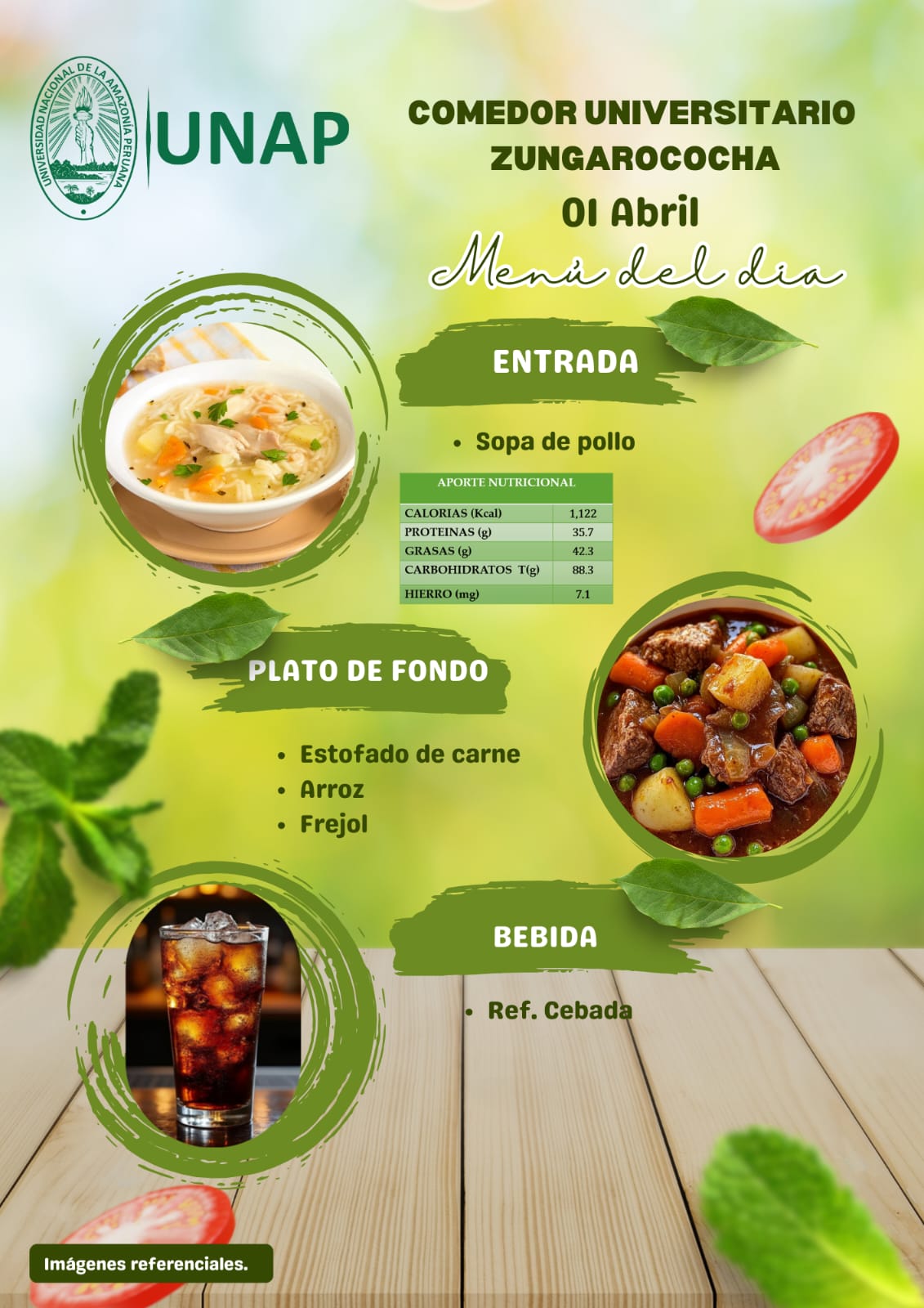 Menú del comedor universitario sede Zungarococha del 30 de marzo