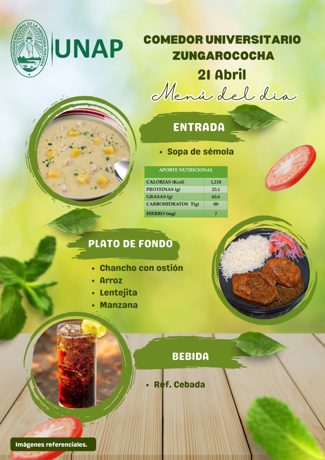 Menú del comedor universitario sede Zungarococha del 30 de marzo